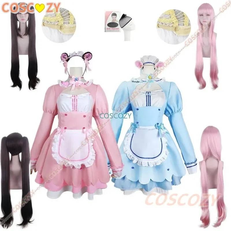 Anime czekolada wanilia przebranie na karnawał pokojówka sukienka Lolita śliczne Neko dziewczyny kobiety kostium Halloween strój wieczorowy