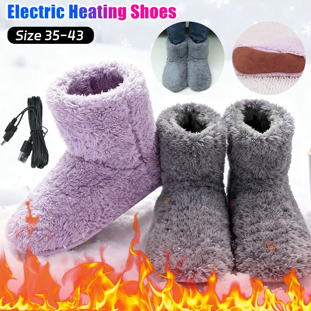 Rechargeable Foot Warmer USB Heater Shoes Men Women Heating Shoes Washable Winter Warm Snow Boots Furry Electric Heated Slippers