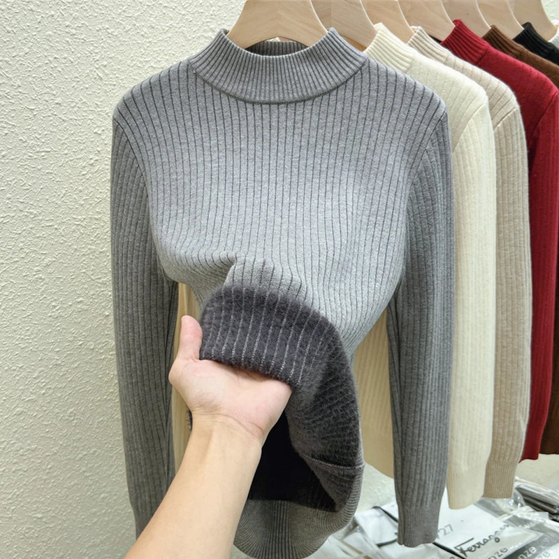 

Half High Neck Sweater for Women Autumn and Winter Thick and Fleece Knitted Pullover 2024 New Warm Inner Tops Sueter Mujer 8039
