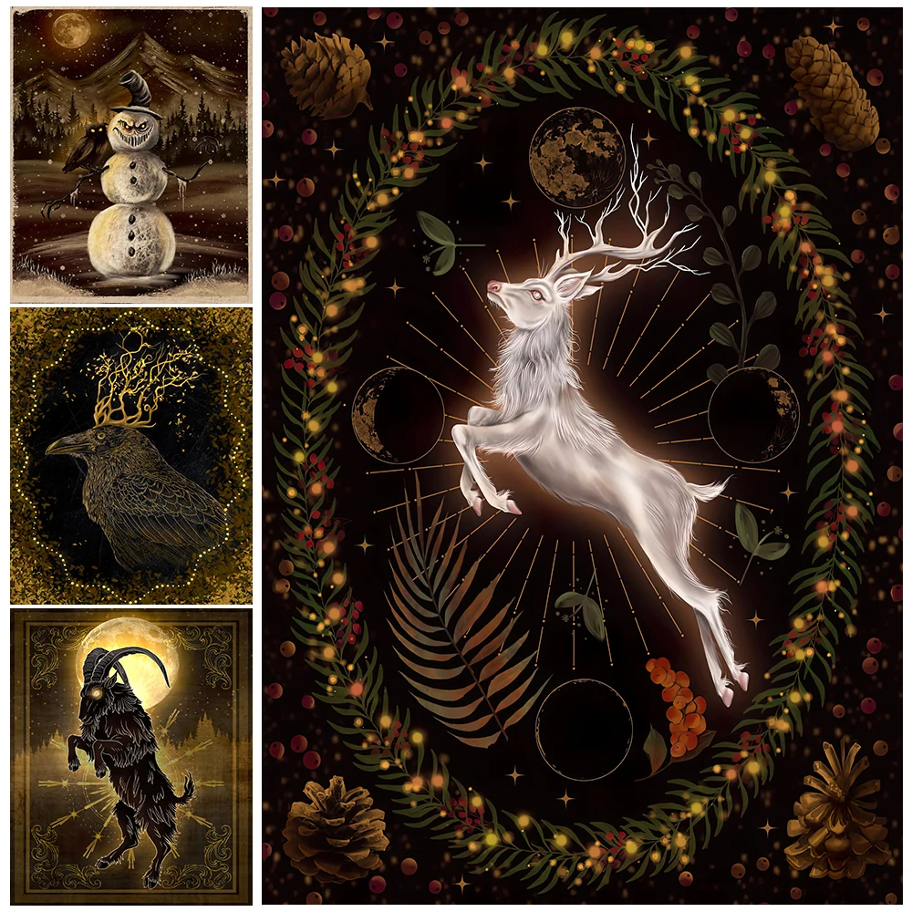 

Leaping Goat And Getting Lost Vintage Wall Art Canvas Painting Frog Wizard And Snowman Monster Art Poster Print Home Decoration