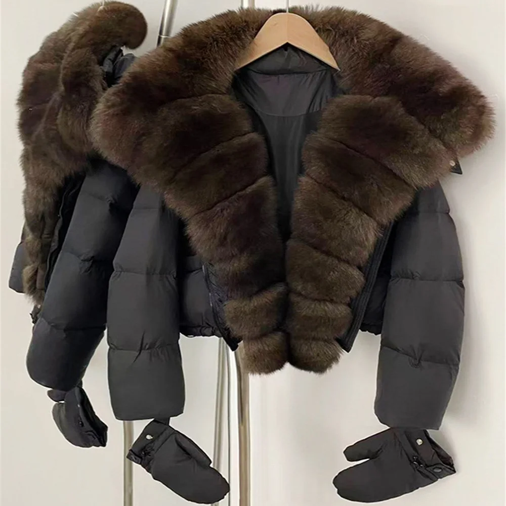 

2025 Women's Winter Fur Down Jacket Large Fur Collar Gloves Warm Women's Cotton-padded Jacket y2k New High Quality Jacket bra