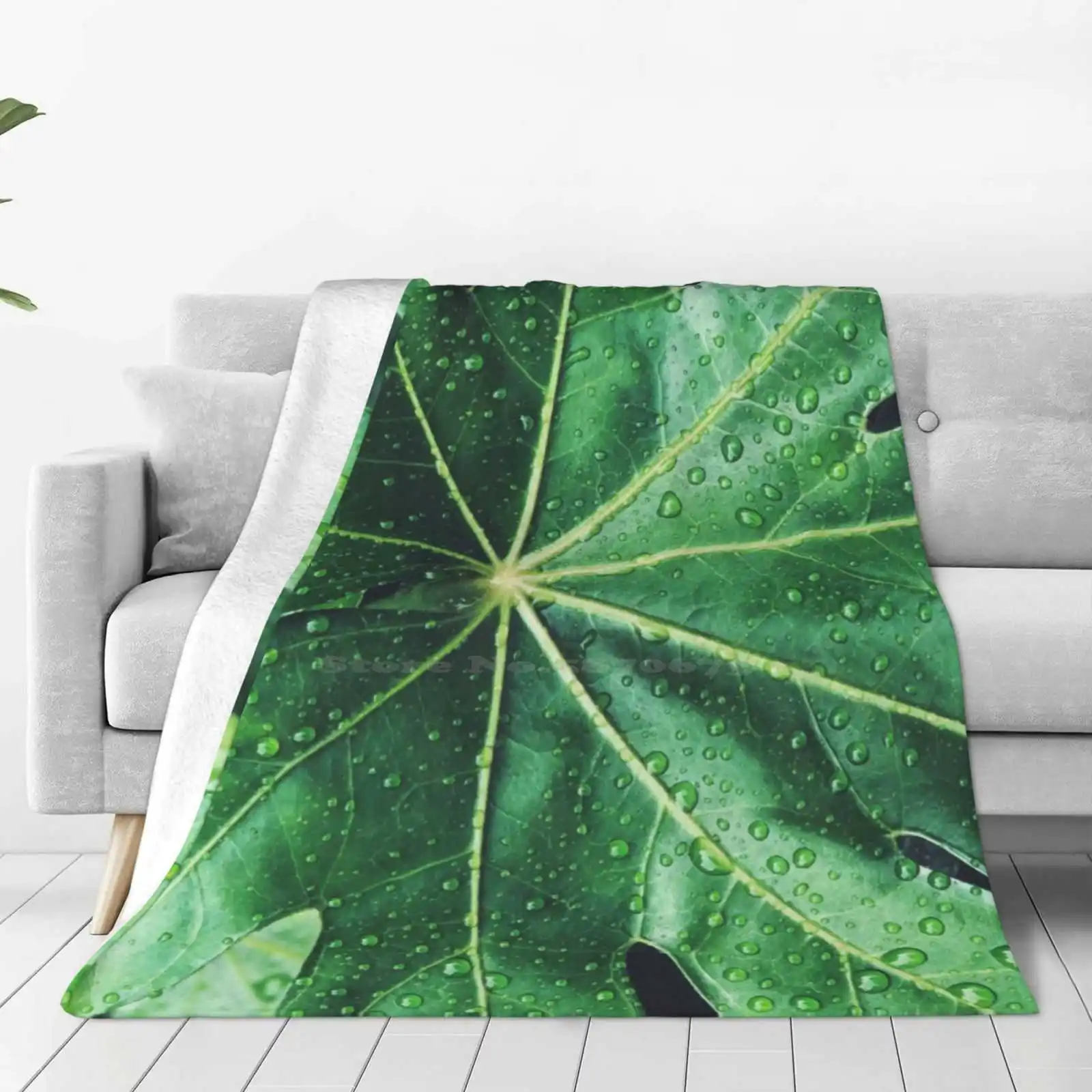 Rainy Day Leaf New Arrival Fashion Leisure Warm Flannel Blanket Plant Nature Leaf Green Rain Water Droplets Tropical