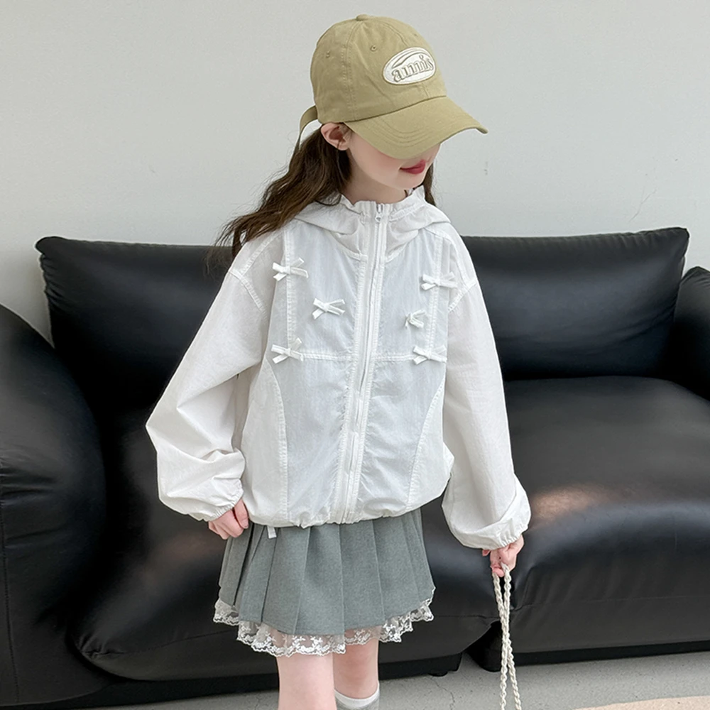 Girls Spring Summer Sunscreen Jacket Fashion Teen Kids Thin Bow Zipper Hooded Outerwear 3-14Y Children's Clothing Top
