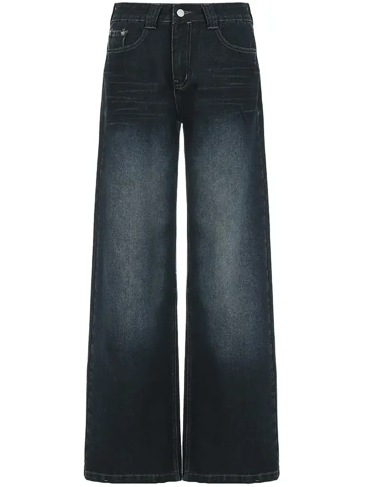 

Women's Dark Blue Relaxed Fit Jeans Y2K Retro Low Waist Straight Denim Pants 90S Street Style Loose Trousers Korean Versatile