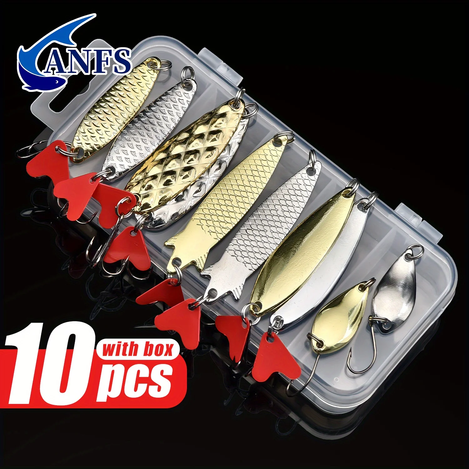 ANFS 10pcs/Set Gold And Sliver Metal Jig Spoon Spinner Fishing Lure Wobbler Bait Set with Fishing Tackle Box Kit For Fishing