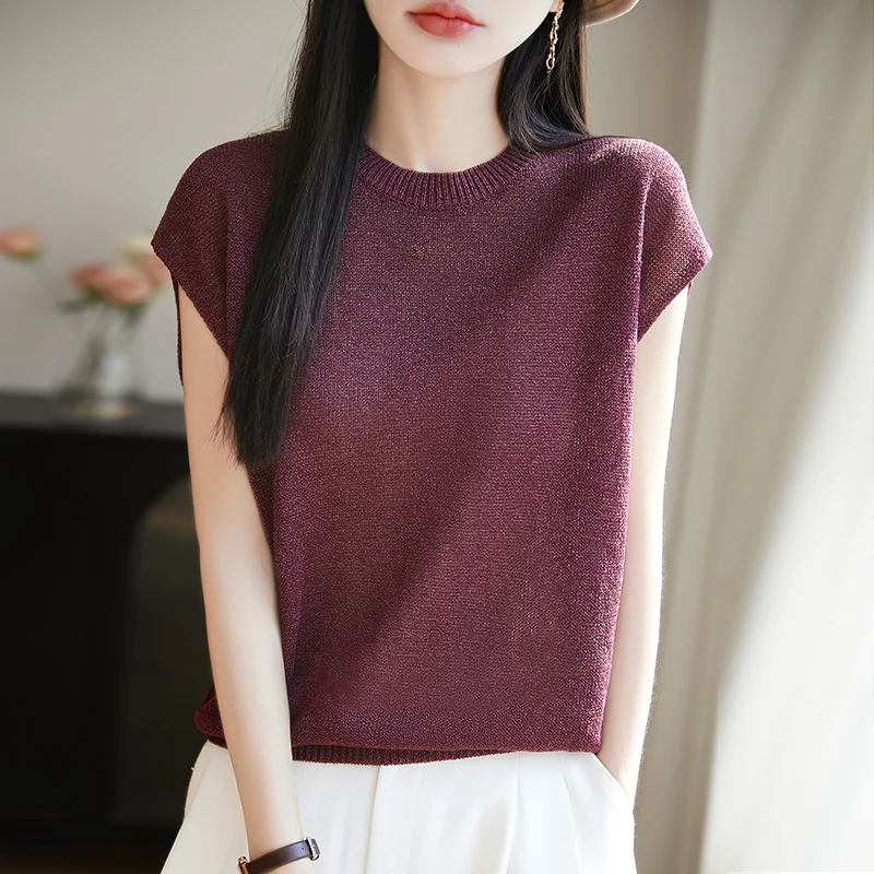 

Loose Fit round Ne Knitted Tank Top Silk Lyocell Svel Summer New Sle Women's T-irt Korean Sle Commute Faion