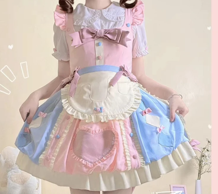 Vestido con tirantes y lazo de Lolita para chica, dulce diario, con cuello cuadrado, a la moda, de cintura alta, corte en A, versátil, con volantes reductores de edad