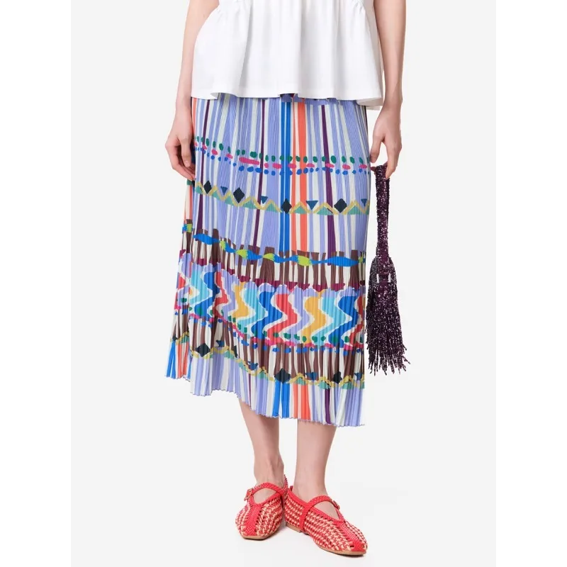 

MOVEUP Casual Contrasting Half Skirt 2026 Summer New Elastic Waist Dopamine Printed Pleated Office A-Line Half Skirt 3ELX20607