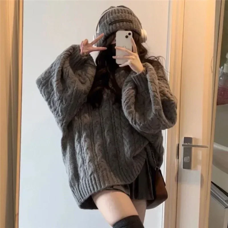 Harajuku Sweater Women Winter Oversized Knitted Pullovers Korean Long Sleeve V Neck Knitwear Preppy Solid Loose Jumper Sweaters