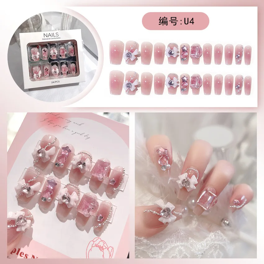 24 stücke rosa quadratisches mittellanges Drücken auf Nägel 3d Strass Luxus billige Mädchen kawaii falsche Nägel niedliche süße künstliche Nägel mit Kleber