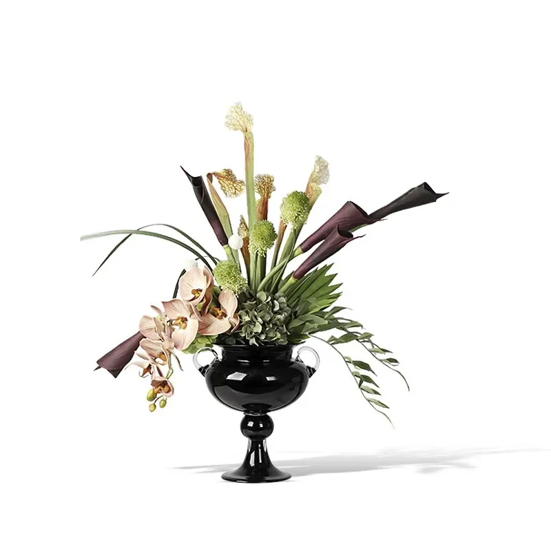 Vintage Black Glass Vase French Medieval Style Flower Arrangement for Living Room Dining Table Home Decor Elegant Floral Art