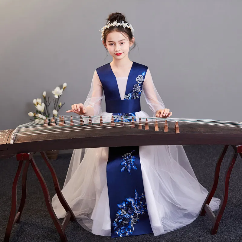 

Ancient Girls Costume Chinese Style Blue Applique Beading Dress Fairy Clothing Children GuZheng Hanfu