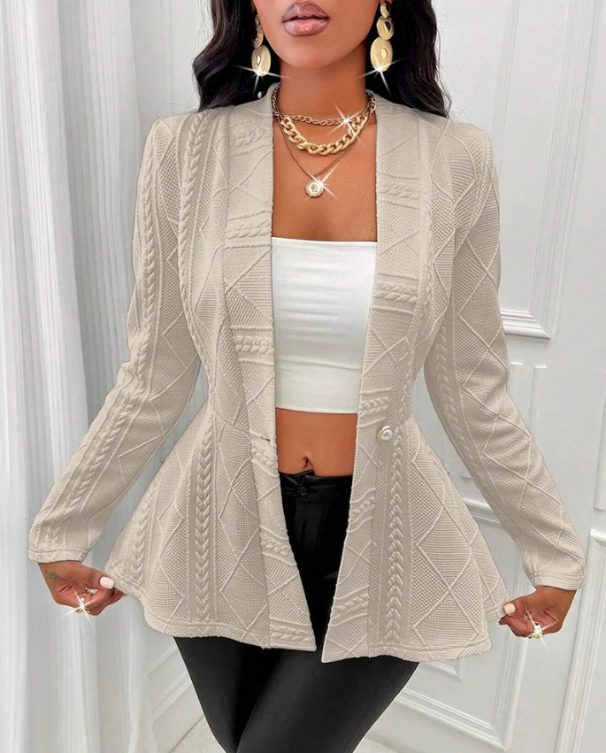 Women's Coat Tops Casual Autumn and Winter Argyle Shawl Collar Cable Textured Single Breasted Long Sleeve Ruffle Hem Skirt Coat