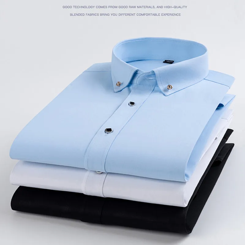 Men\'s Button-down Shirt Long Sleeve Casual Formal Business Dress Shirts Pocket-less Solid Color Blue White Tops Korean Slim Fit