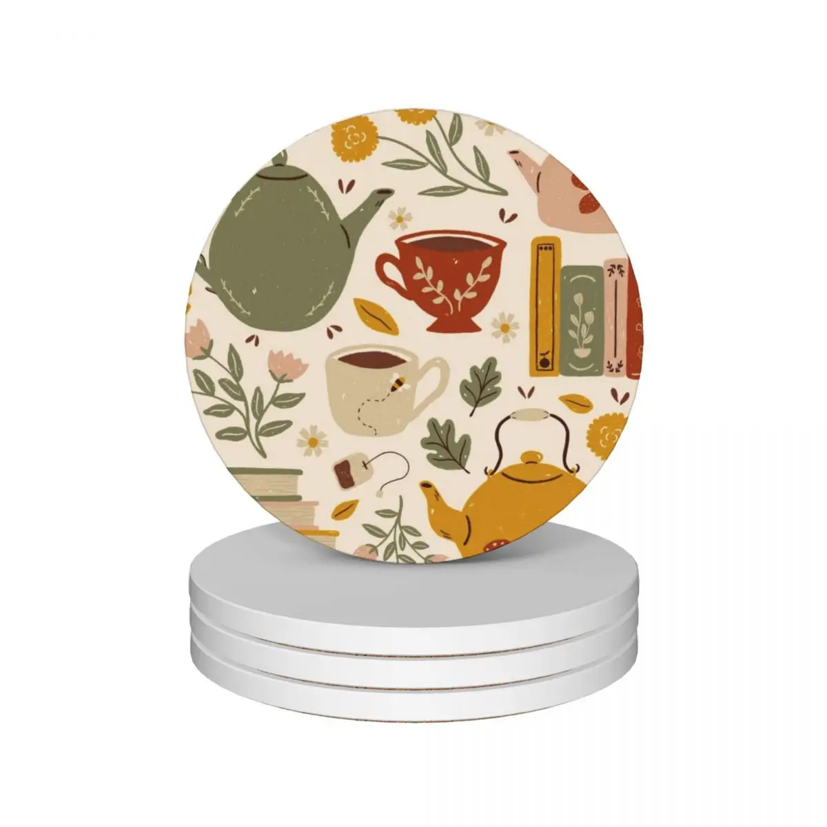 

Flowery Books and Tea Ceramic Coasters (Set of 4) Cup mat for the kitchen accessories Coasters