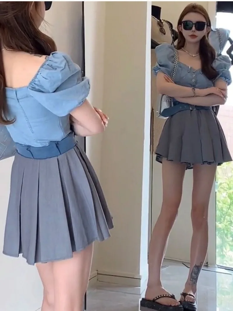 Korean Sweet Denim Top Pleated Skirt Two-piece Set Women Bubble Sleeves Collarbone Solid Fashion Gentle Slim Summer Chic Suit