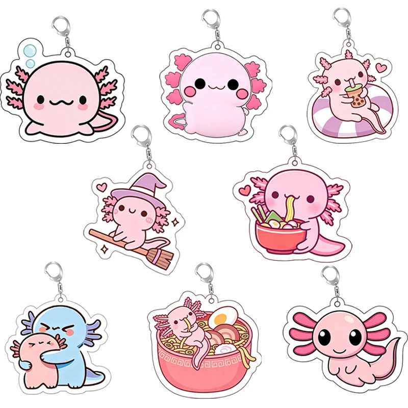 Kawaii Axolotl Acrylic Keychain Fun Food Themed Milk Tea Ramen Salamander Bag Charm Cartoon Decor Accessory Hot Birthday Gift