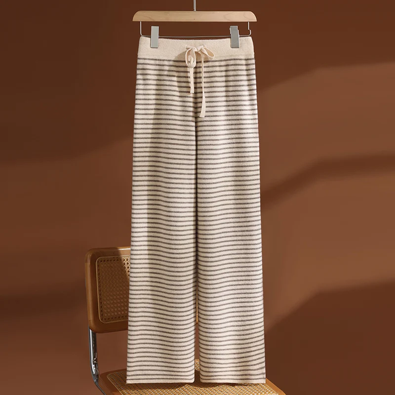 

35% кашемир и 65% шерсть! Женские эластичные брюки в полоску на талии — широкие брюки, стильные и удобные