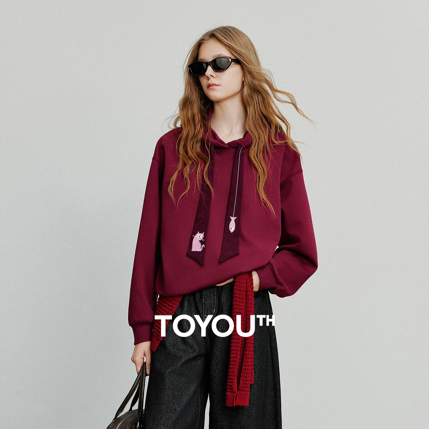 

TOYOUTH женские толстовки с капюшоном на флисовой подкладке, новинка весны 2026, теплые уютные топы с флисовой подкладкой и вышивкой кота