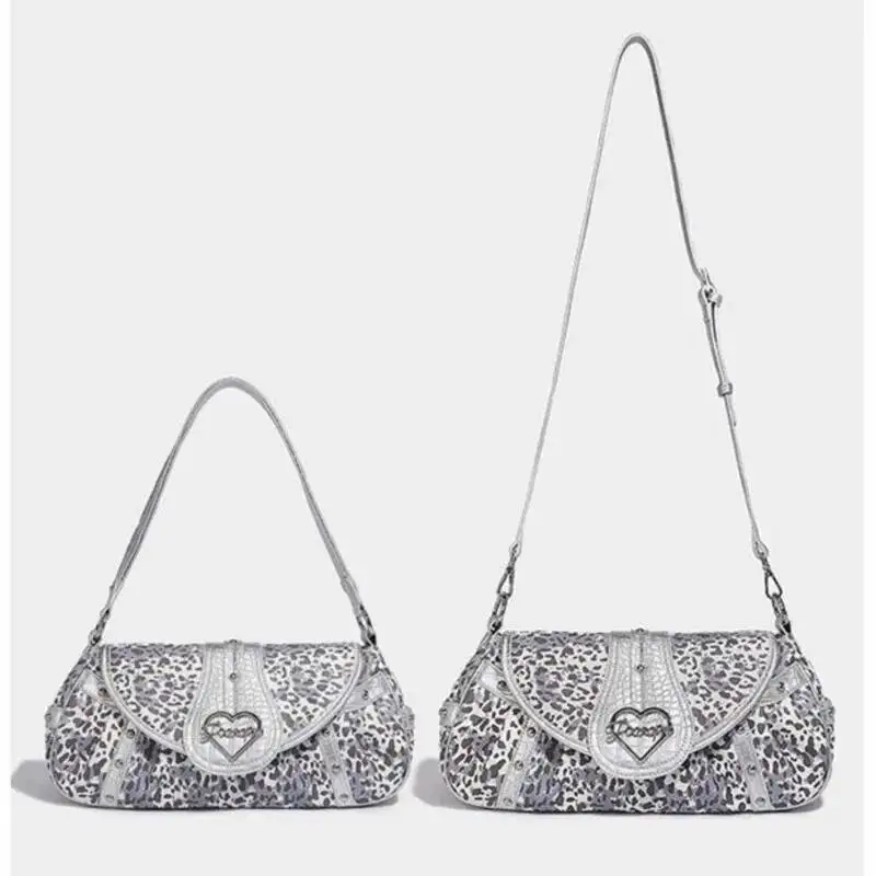 Bloom Leopard Print Sier Shoulder Bags Women Vintage Heart Casual Underarm Purse Female Punk Messenger Bag Aesthetic