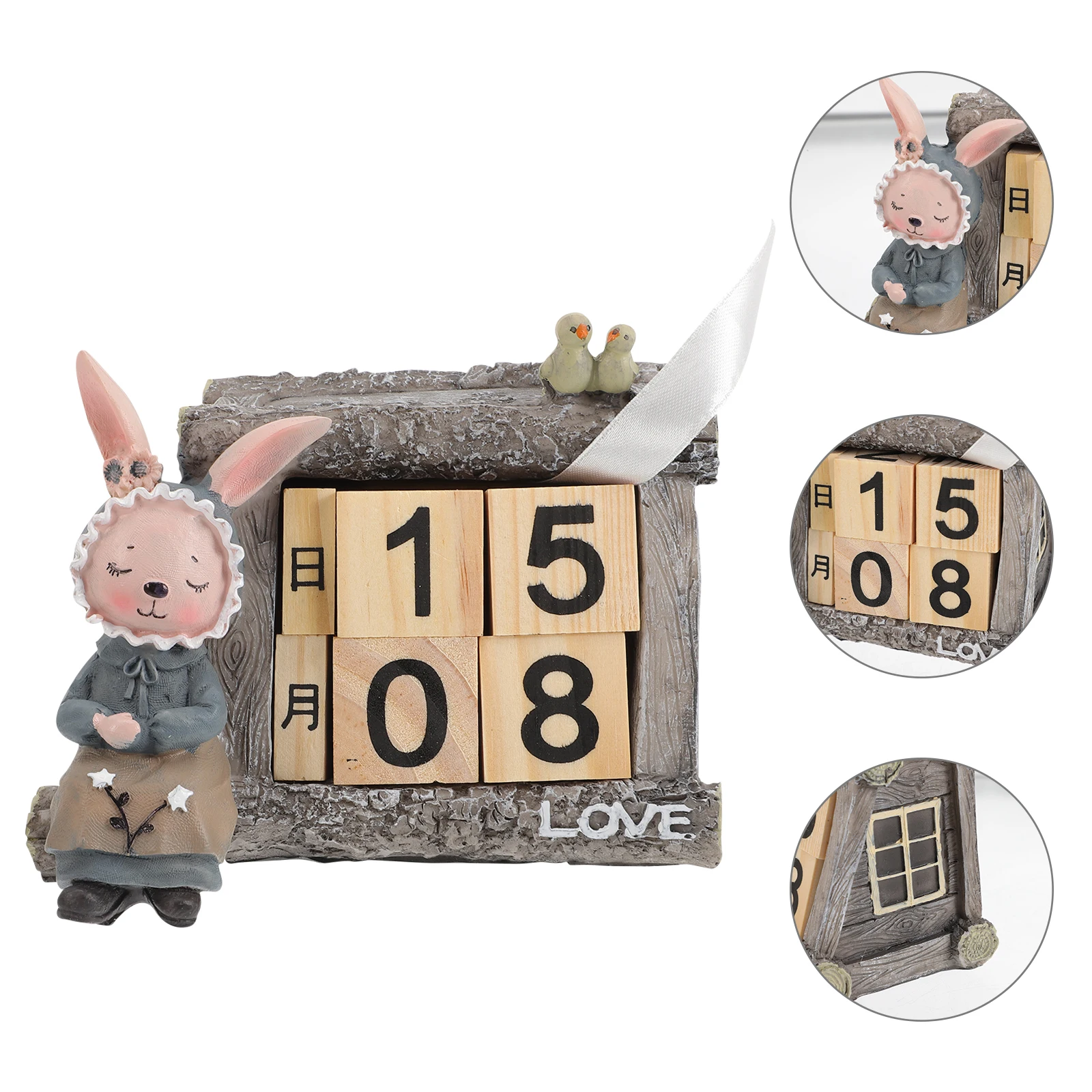 

Rabbit Calendar Decoration Wooden Desk Ornament Reusable Perpetual Office Accessories Natural Material Christmas Gift Block