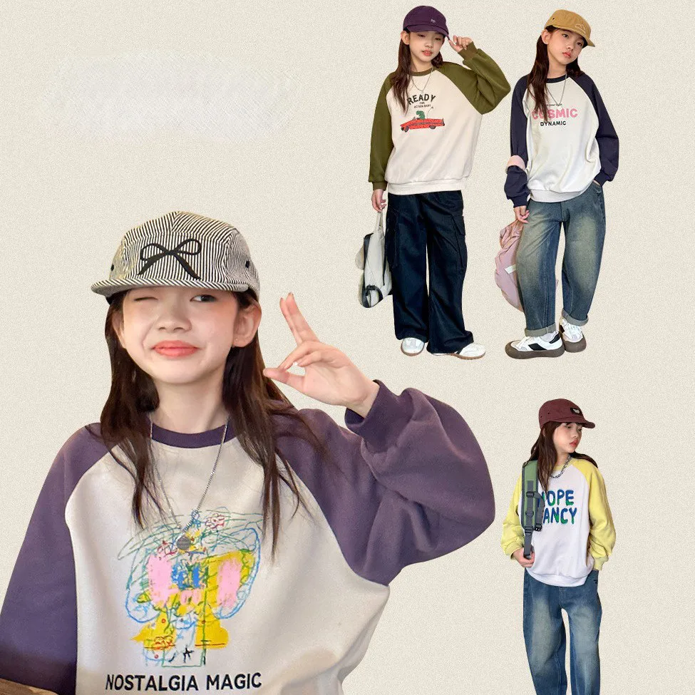 

Осенняя одежда для девочек, новый цветной пуловер с рукавами реглан и заплатками с мультяшными буквами, толстовка для детей 5-14 лет Kdis