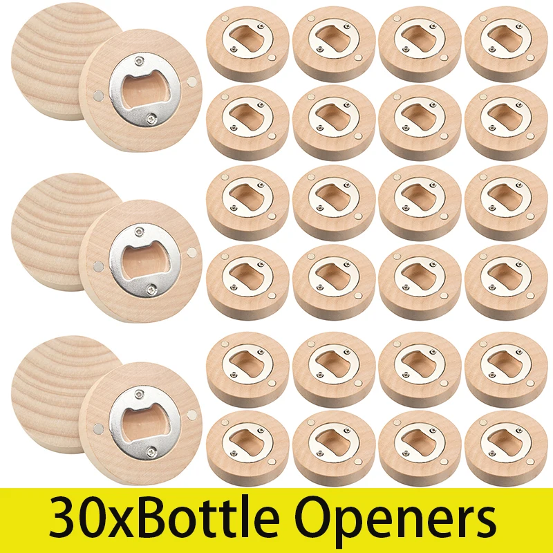 

30Pcs Wooden Round Shape Bottle Opener Coaster Fridge Magnet Beer Bottle Opener