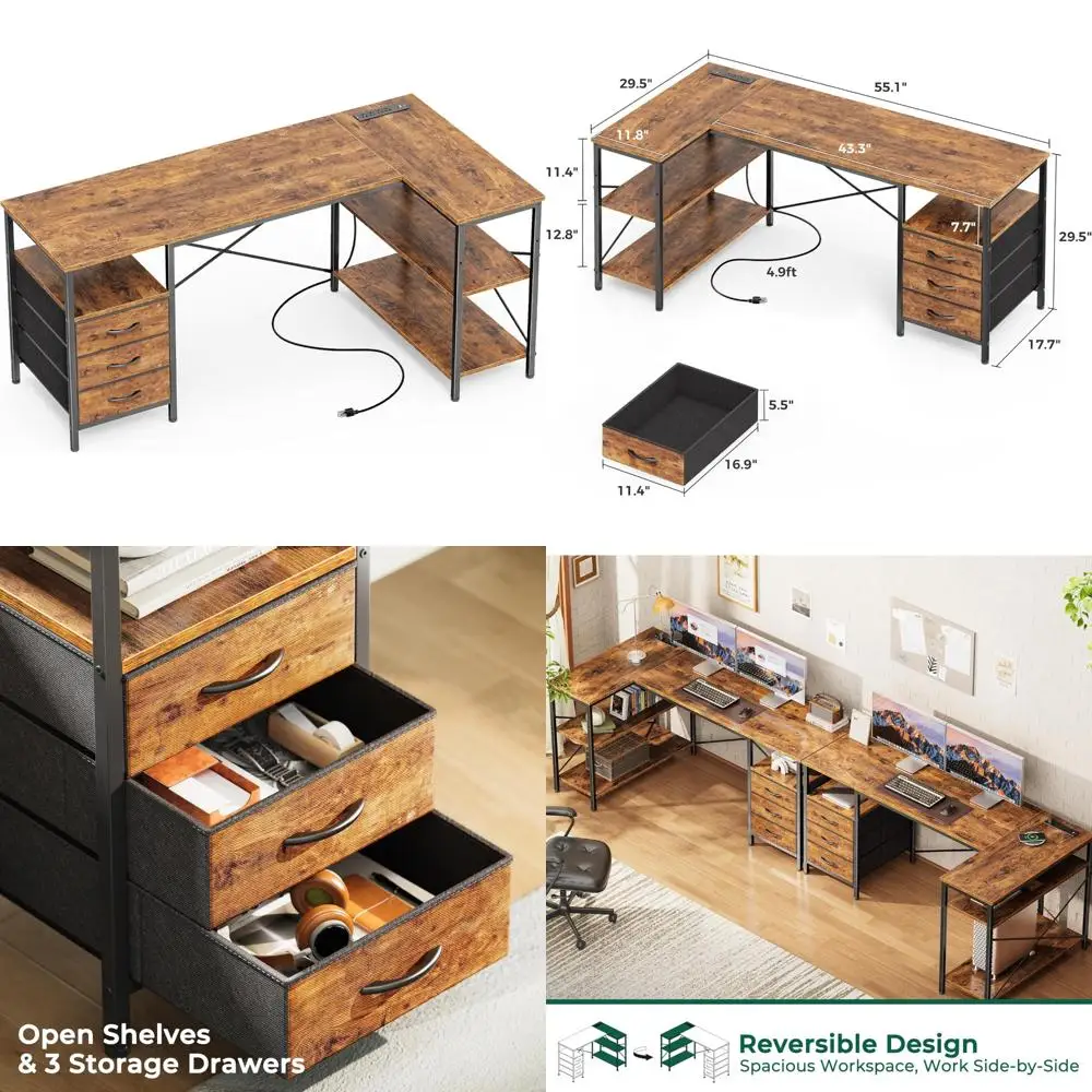 Large L-Shaped Office Desk with Power Outlets, 55 Computer Desk featuring 3 Drawers and Shelves, Ideal for Gaming Corner Worksta