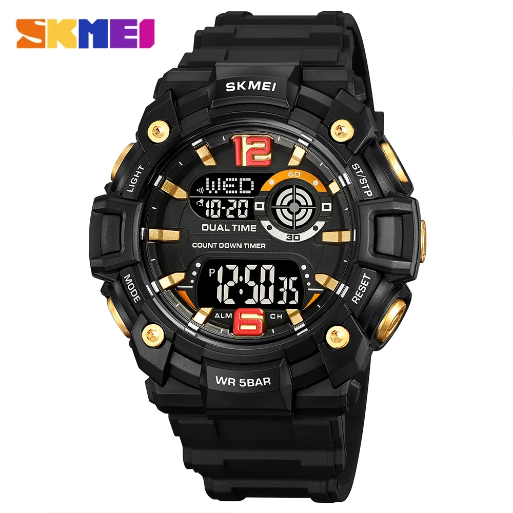 SKEMI Brand Men's Watch Luxury Fashion 2 Time Black Outdoor Sports Digit Wristwatch Male Casual Waterproof Luminous Clock