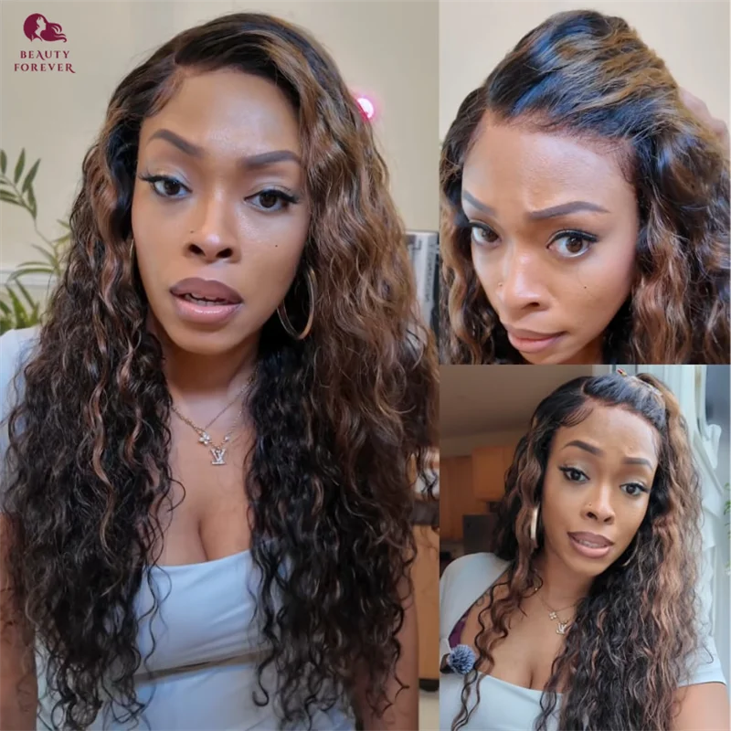 

Beautyforever Highlights Brown Glueless Human Hair Wig Pre Cut HD Lace 7x5 Water Wave Lace Front Human Hair Wig Ready to Wear