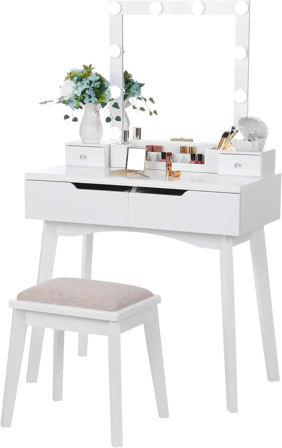 Makeup Vanity Set with Lighted Mirror with 10 LED Bulbs, Makeup desk with 4 Drawers 2 DIY Dividers Removable Makeup Organizer