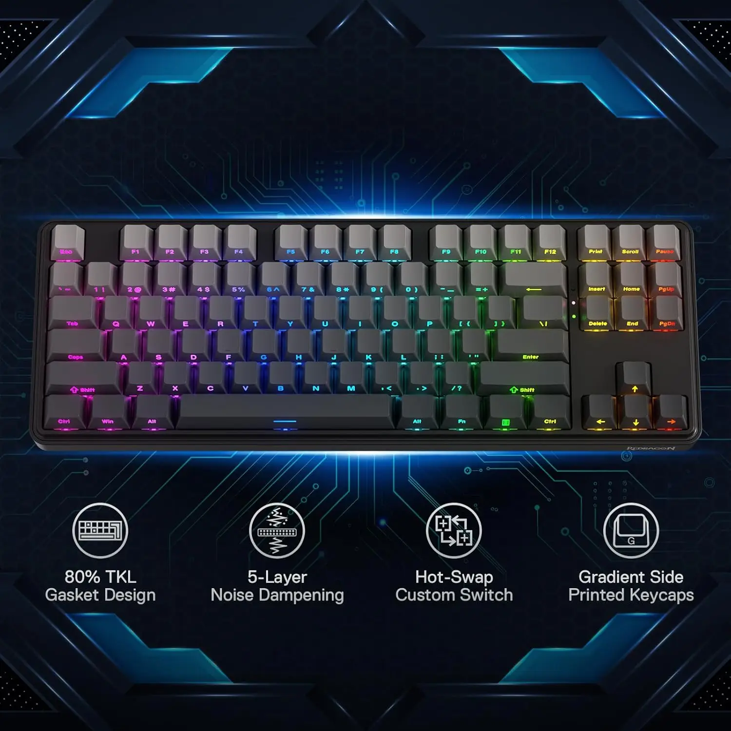 Redragon K707 PRO GB 80% ปะเก็น RGB Gaming 3 โหมดไร้สาย TKL Mechanical Hot-Swap ลดเสียงรบกวนคีย์บอร์ด,Mint Mambo Switch