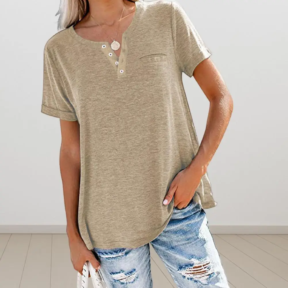 

Women T-shirt Stylish Women's V-neck T-shirt with Buttons Pocket Solid Color Loose Fit Tee Shirt for Summer Streetwear Female