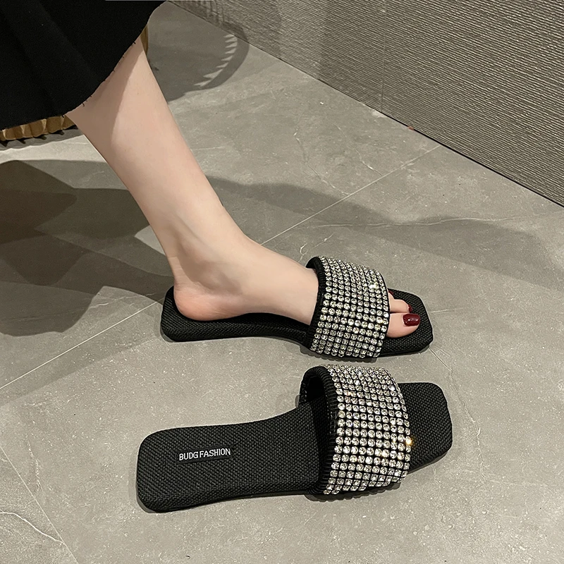 Women\'s Shoes Slippers Outdoor 2024 Summer New Rhinestone Non-slip Low Heels Fashion  Designer Sandals