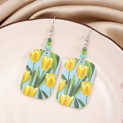 Yellow Tulip Flower Relievo Printing Design Acrylic Earrings For Women Aesthetic Trend 2025 Ladies Party Holiday Ear Jewelry