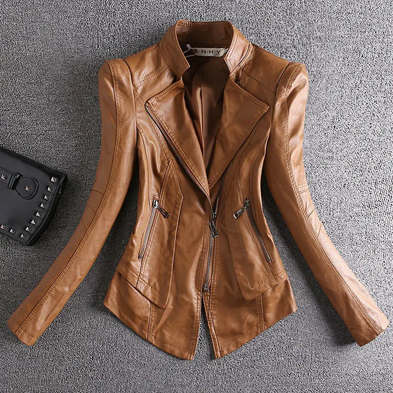 

2023 Autumn New Women Leather Coat Short Slim Outwear Fashion Biker Jacket Casual Thin Outcoat Temperament Stand Collar Top