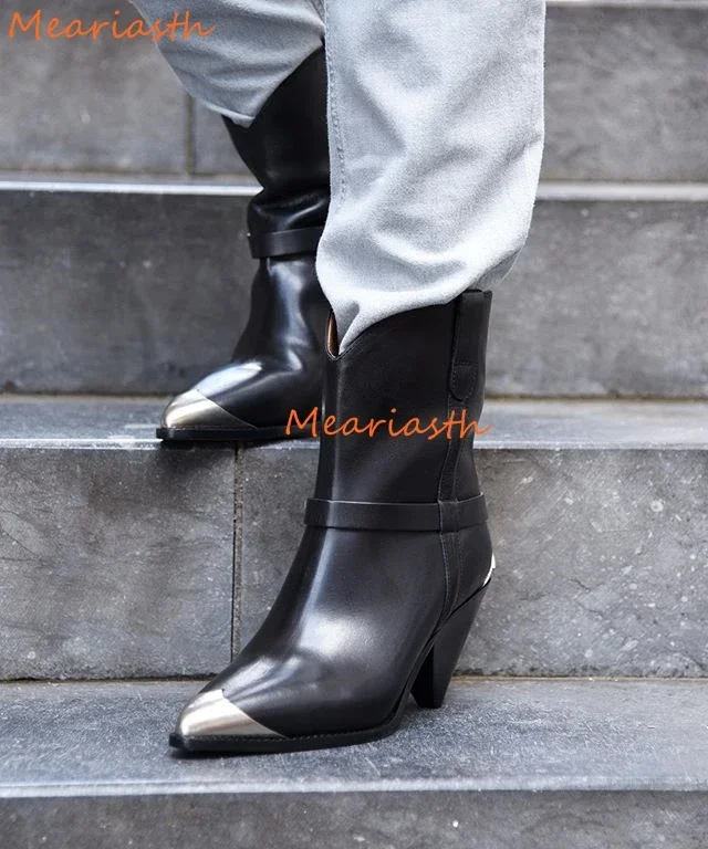 

New Metal Rhinestone Heel Ankle Boots Women luxury Point toe Spike high Heels Cowboy Short Boots Sexy Winter Shoes bota feminina