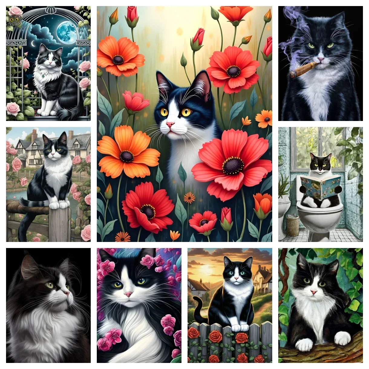 New Cow Cat DIY Diamond Painting Kit Black and White Cats Portrait Diamond Embroidery Mosaic Oil Painting Hand Gift Home Decor