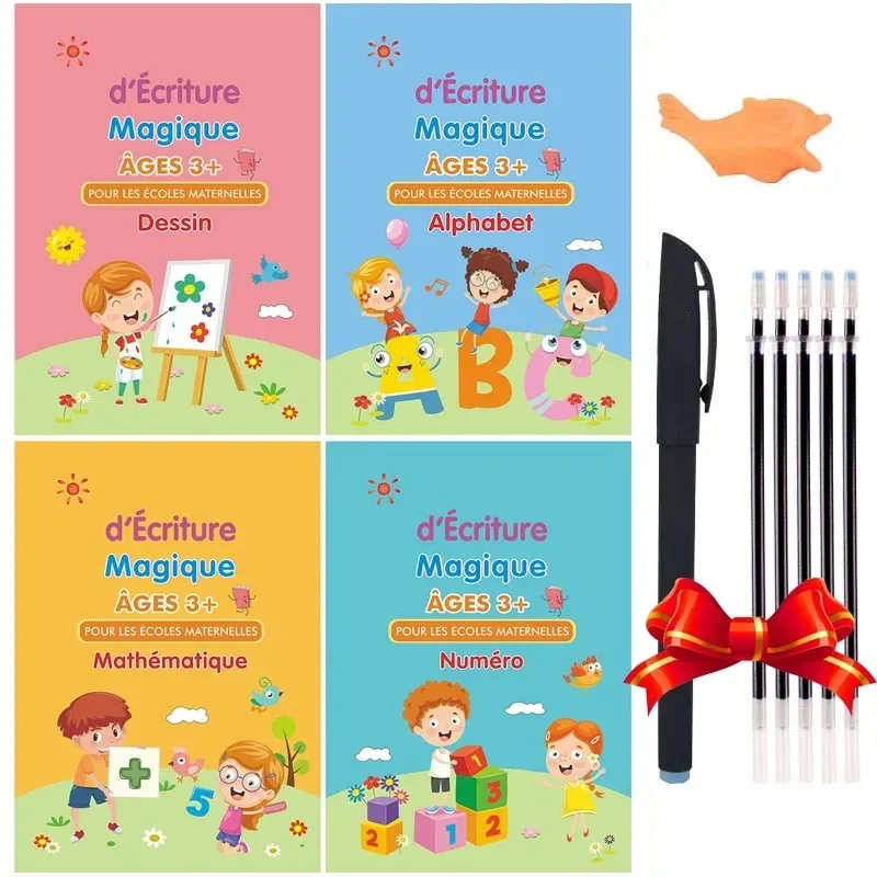 Cahier de calligraphie magique pour enfants, 4 stylos de nettoyage, essuyage gratuit, autocollant d'écriture pour enfants, pratique de l'anglais, cadeau Montessori