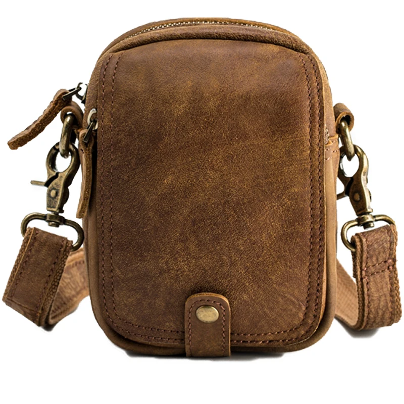 Riñonera de cuero esmerilado para hombre, bolso de hombro Retro cruzado, Mini informal, bolsillo para teléfono móvil, hecho a mano, 2024