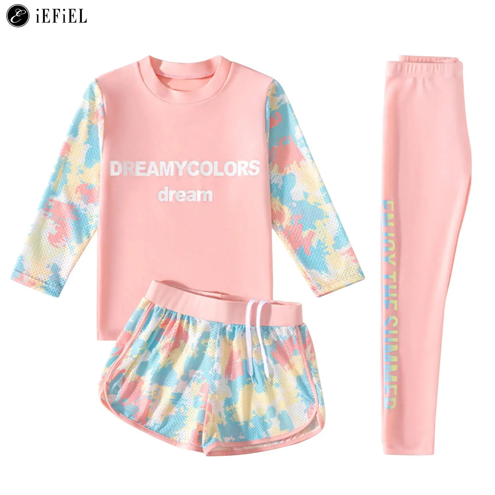 Kids Girls UPF 50+ Rash Guard Swimwear Set 3Pcs Sun Protection Sport Swimsuit Long Sleeve Tops Shorts and Leggings Bathing Suit