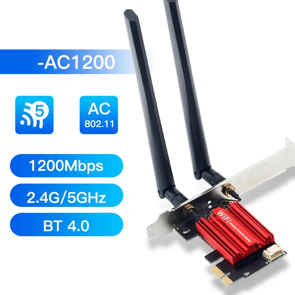 

AC1200 WiFi 5 PCIE WiFi адаптер Беспроводная сетевая карта Bluetooth 4,0 двухдиапазонный 2,4G/5 ГГц 802.11AC для настольных ПК Win 7/8/10/11