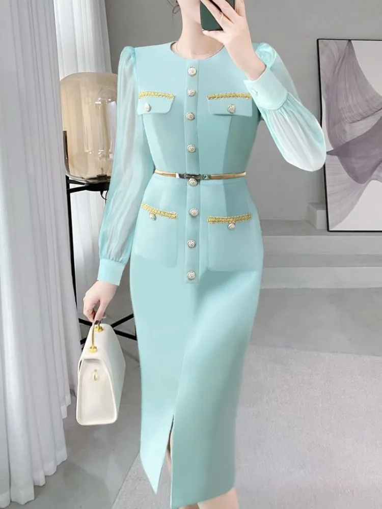 Insozkdg Blue Little Fragrant Work Dress Long Maxi Elegant Fashion Spring Celebrity Temperament Professional Commuting Korean