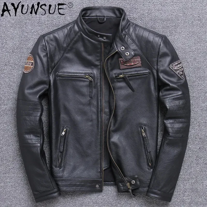 AYUNSUE Genuine Leather Jacket Men Autumn Real Cow Jackets for Slim Motorcycle Coat Chaquetas Hombre SGG1020