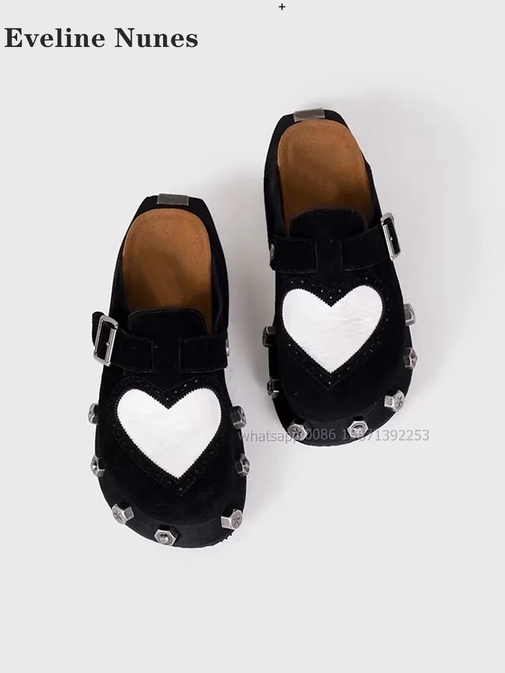 Metal Decoration Patchwork Platform Slip On Mules Heart-Shaped Rivet Shallow Slides Horsehair Bicolor Casual Women Slippers 2024