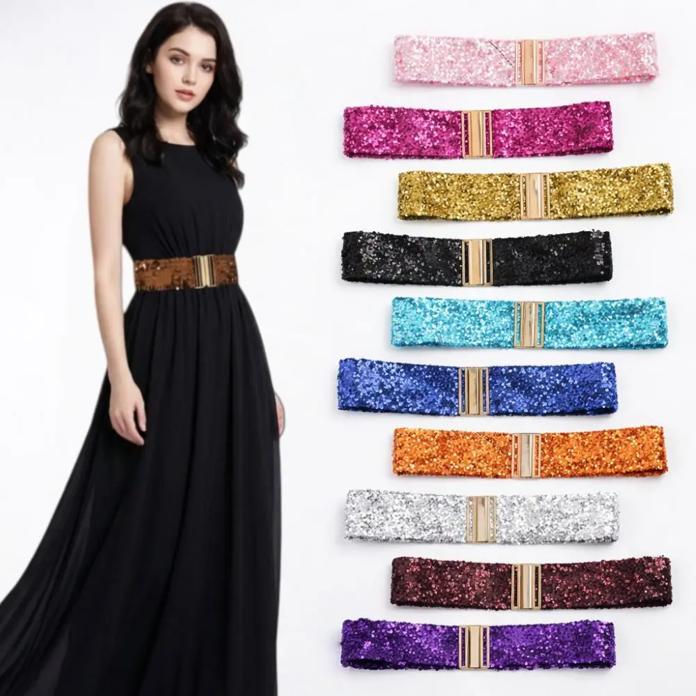 60cm Elastic Sequin Stretch Belt Gold Buckle Disc Eye Catching Shinny Waistband Versatile Professional Women's Belt Dresses