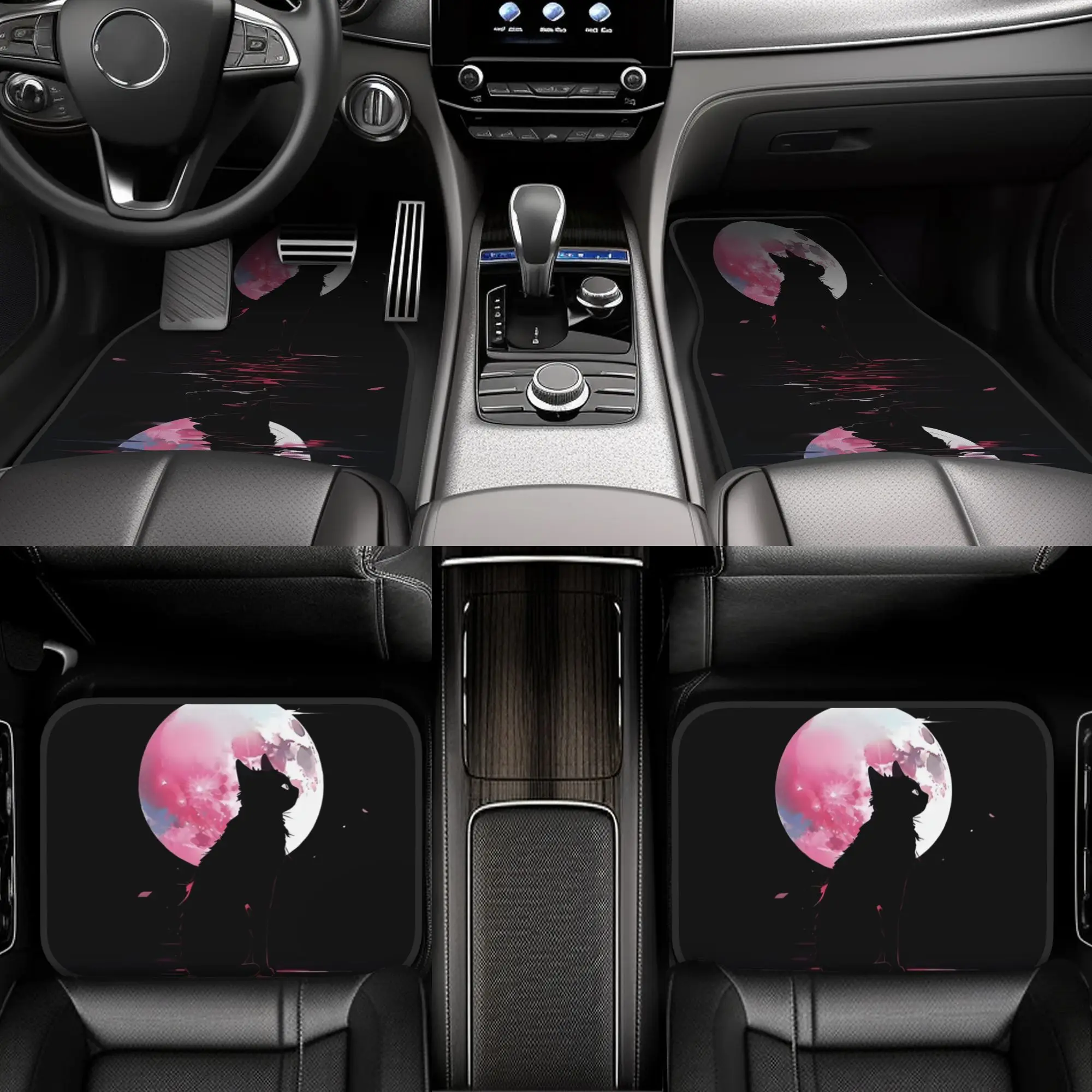4pcs Moonrise Black Cat: Mirror Flower & Water Moon Car Floor Mat Set - Easy-Clean Interior Additions | Universal Fit For Most V
