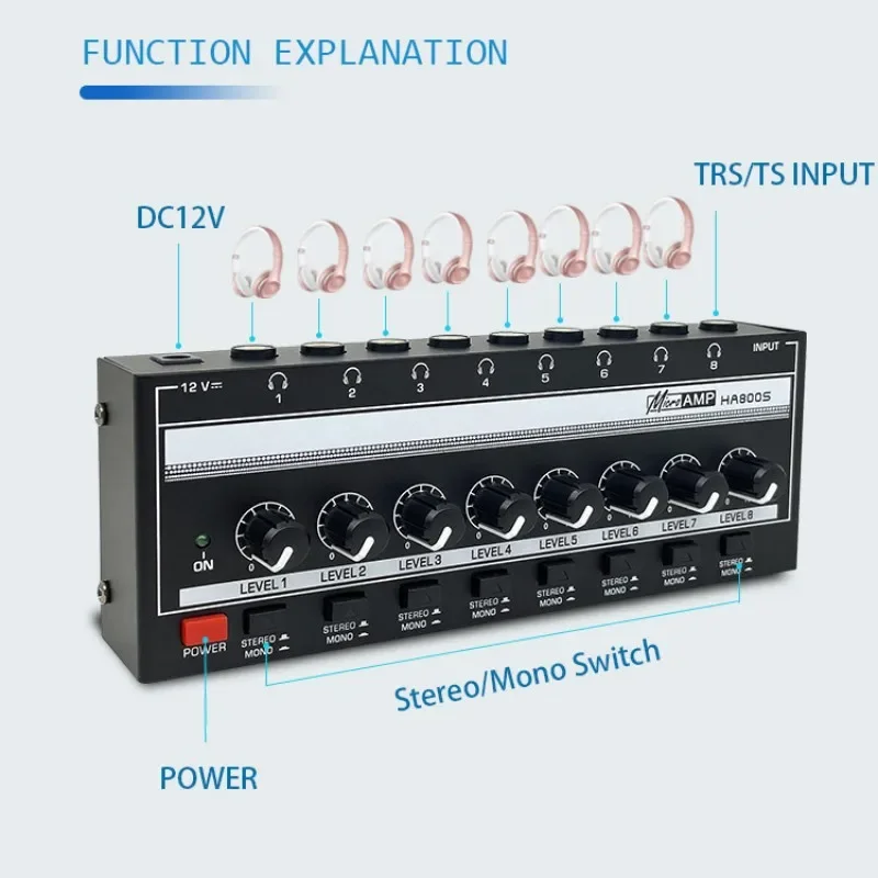 Amplificador de auriculares HA800S, amplificador de Audio estéreo/mono de 8 canales para grabación de Mezclador de música, amplificadores de sonido ultracompaccos