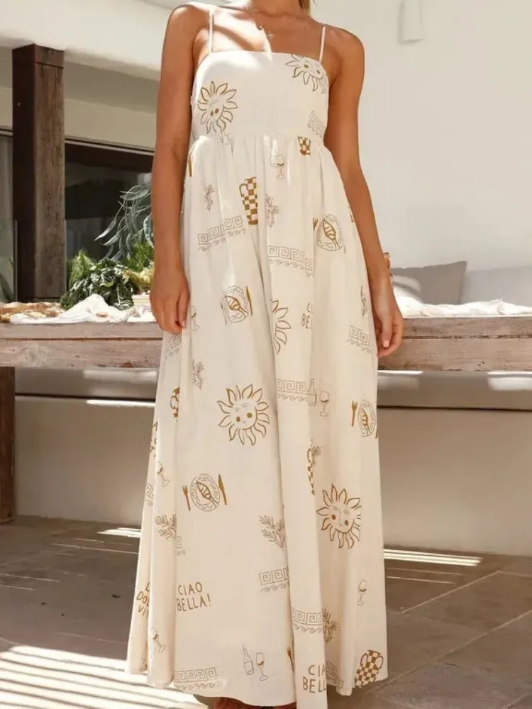 Langes Kleid im Bohemian-Stil für Damen, Strandkleid mit Urlaubs-Print, elastischer Rücken für Komfort, rückenfreies Strandkleid