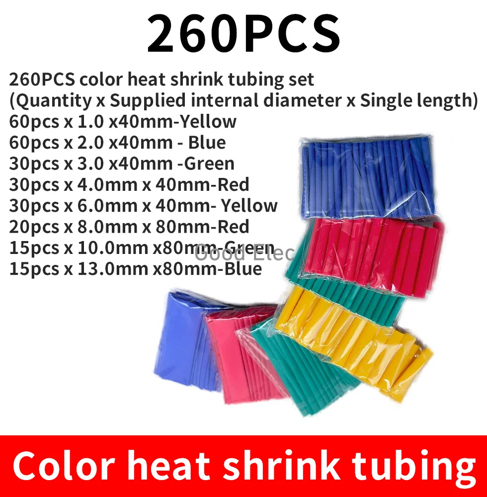 260Pcs/Bag 2:1 Heat Shrinkable Tube Bag Heat Shrinkable Tube Color Halogen-Free Flame Retardant PE Insulation Sleeve
